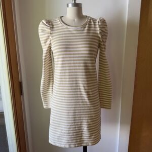 Rebecca Minkoff Talia Striped Mini Casual Dress-Camel & Ecru-Puff Sleeve-Size XS